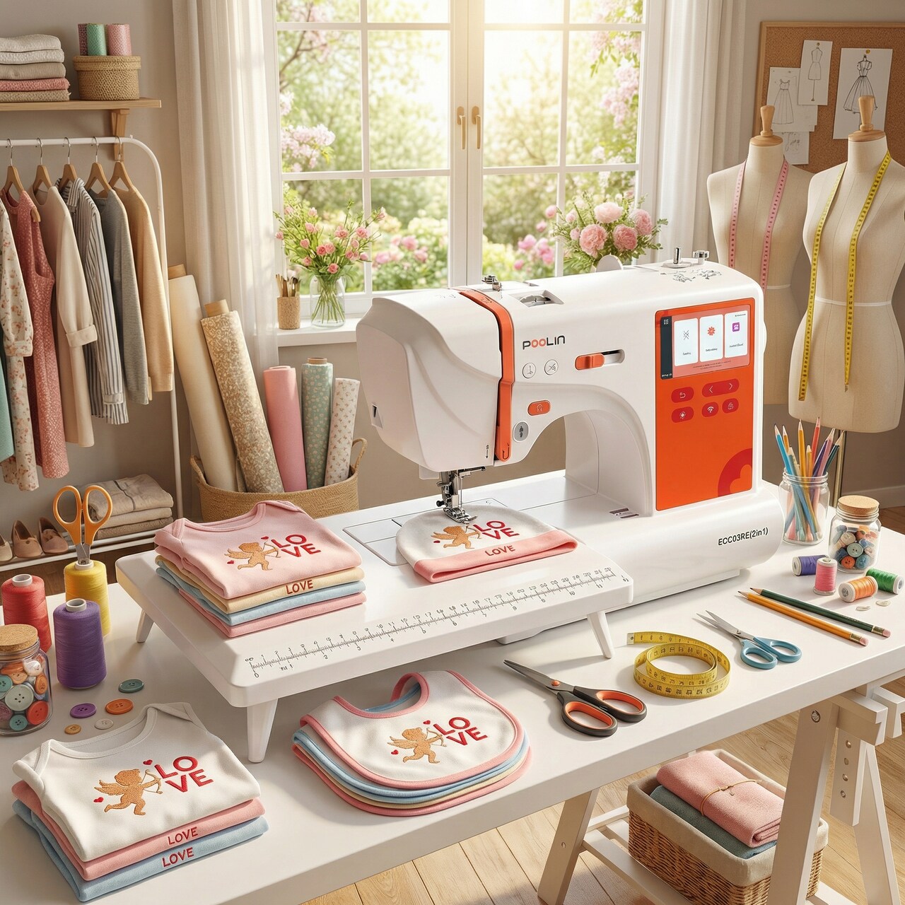 Official POOLIN EOC03RE(2in1) Computerized Sewing & Embroidery Machine 9.25x4in Large Area, 4.3in Big LCD Touchscreen Wifi Availabable with Starter Kit 207 Stitches &154 Built-in Patterns for Business Order DIY Hobby, Family Women Gift, Mother's Day